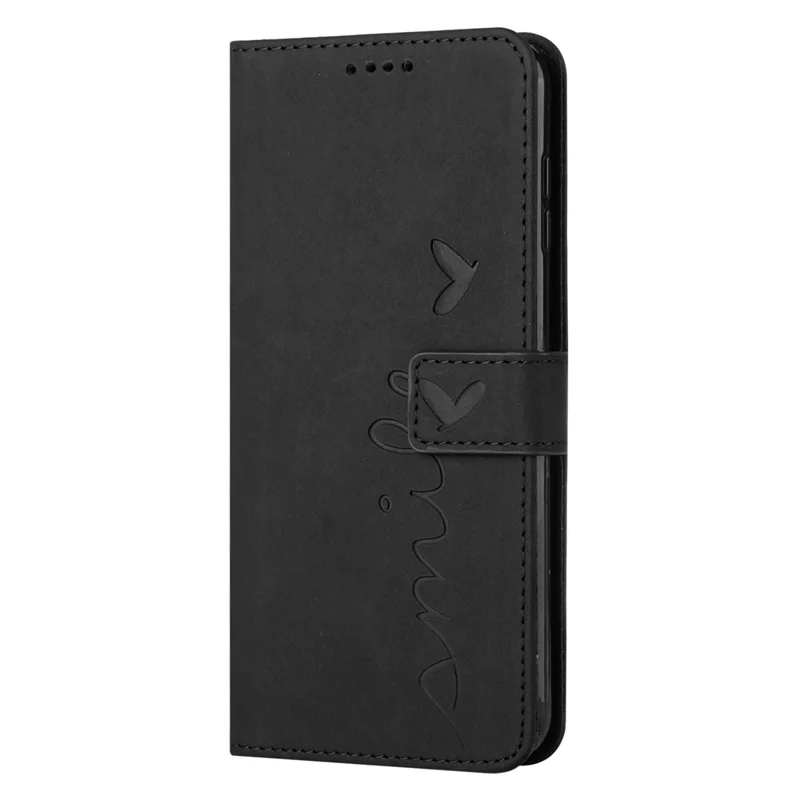 Skin-touch Heart Shape Imprinted Case for iPhone 14 6.1 inch, PU Leather Stand Wallet Magnetic Clasp Phone Cover with Strap - Black