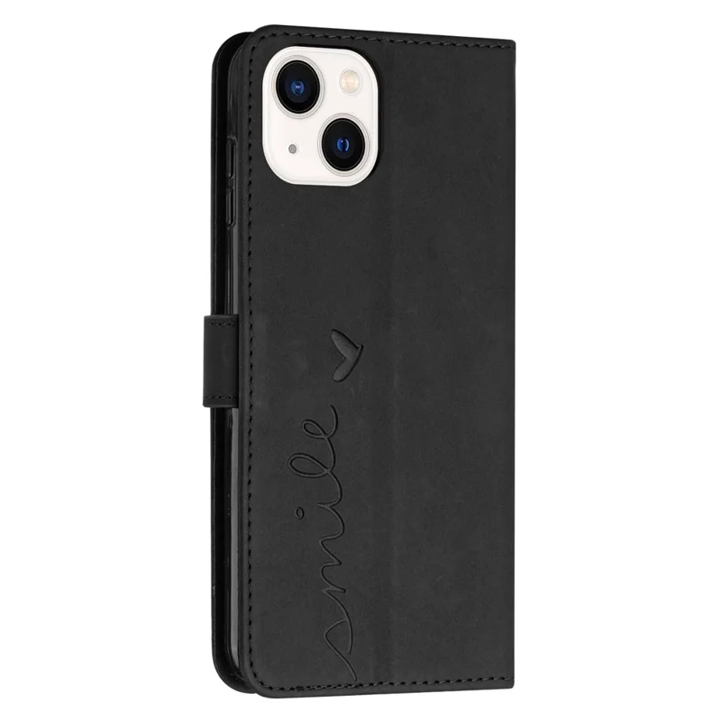 Skin-touch Heart Shape Imprinted Case for iPhone 14 6.1 inch, PU Leather Stand Wallet Magnetic Clasp Phone Cover with Strap - Black