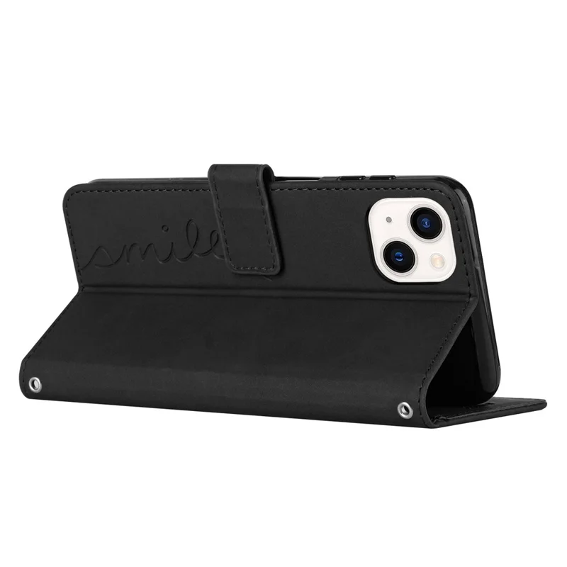 Skin-touch Heart Shape Imprinted Case for iPhone 14 6.1 inch, PU Leather Stand Wallet Magnetic Clasp Phone Cover with Strap - Black