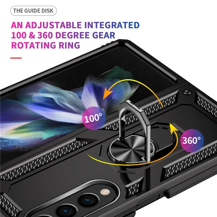 Per Samsung Galaxy Z Fold4 5G TPU + PC Shock Proof Telefono Porta Dell'anello Coperchio di Protezione Del Cavalletto Con Lamiera in Metallo - Nero