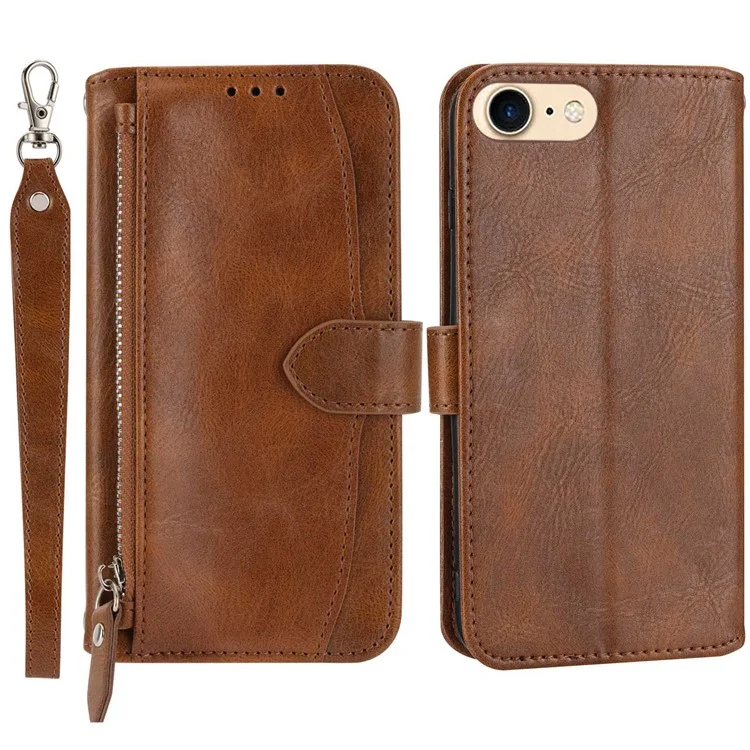 Pour Iphone 7 / 8 4,7 Pouces / SE (2020) / SE (2022) Portefeuille Stand Folio Flip Cell Telephone Case de Téléphone à Glissière Poce PU le Cuir en Cuir Mode de Téléphone Magnétique Avec Long / Bretelles - Brun