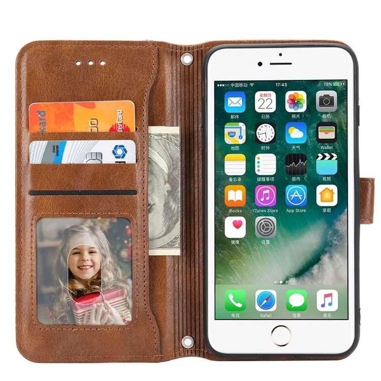 Pour Iphone 7 / 8 4,7 Pouces / SE (2020) / SE (2022) Portefeuille Stand Folio Flip Cell Telephone Case de Téléphone à Glissière Poce PU le Cuir en Cuir Mode de Téléphone Magnétique Avec Long / Bretelles - Brun