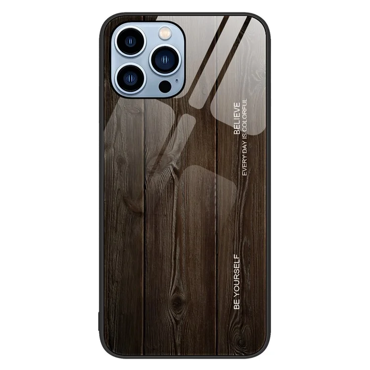 For iPhone 14 Pro Max 6.7 inch Wood Texture Slim Phone Case Tempered Glass Back TPU Frame Protective Cover - Black