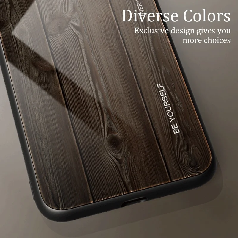 For iPhone 14 Plus 6.7 inch Case Wood Pattern Design TPU Frame Tempered Glass Back Anti-Scratch Cover - Brown