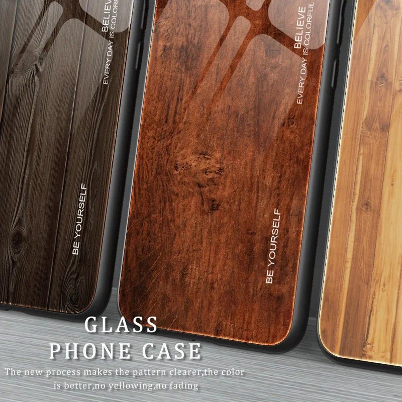 For iPhone 14 Plus 6.7 inch Case Wood Pattern Design TPU Frame Tempered Glass Back Anti-Scratch Cover - Brown