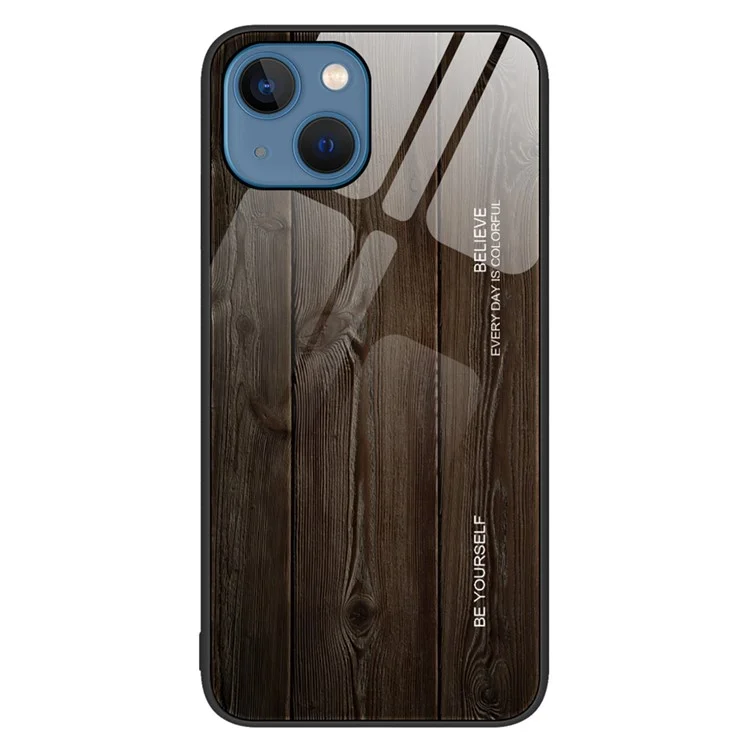 For iPhone 14 6.1 inch Wood Pattern Case Soft TPU Frame Tempered Glass Back Shockproof Protective Cover - Black
