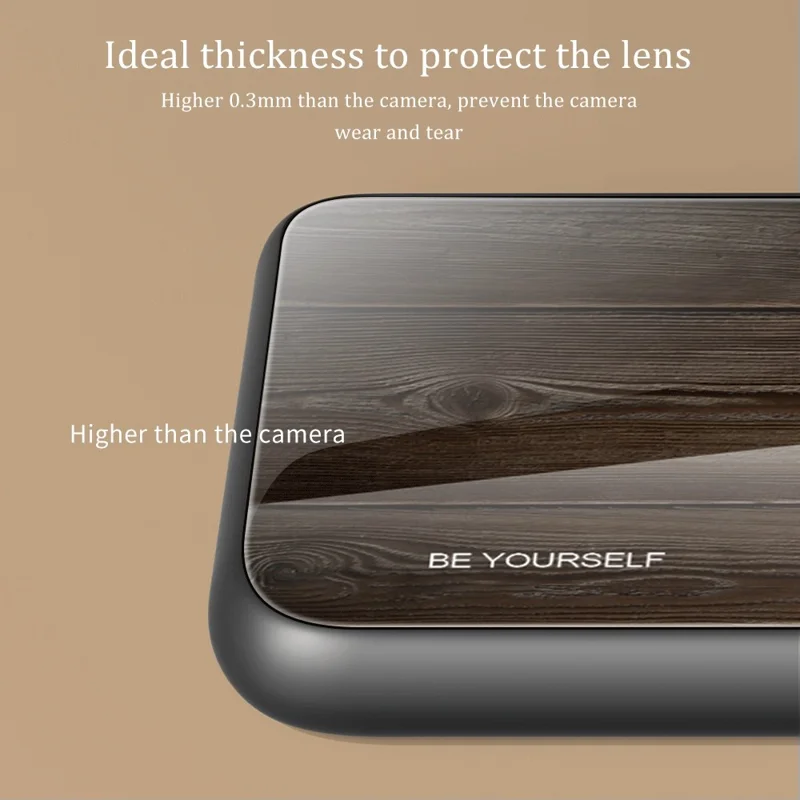 For iPhone 14 6.1 inch Wood Pattern Case Soft TPU Frame Tempered Glass Back Shockproof Protective Cover - Grey