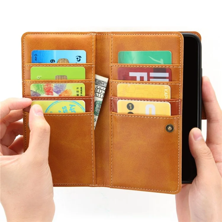 For iPhone 14 Pro 6.1 inch Split Leather Flip Wallet Case Multiple Card Slots Stand Magnetic Phone Cover with Hand Strap - Brown