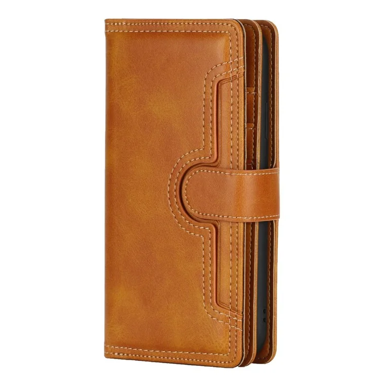Pour iPhone 14 Plus 6,7 pouces Étui en cuir divisé magnétique à plusieurs fentes pour cartes Étui de protection intégral avec support de maintien et dragonne - Marron