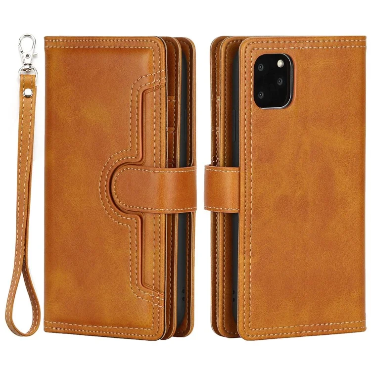 Para iPhone 14 6.1 polegadas Carteira Flip Phone Cover Split Leather Multiple Card Slots Magnetic Closure Stand Cover with Hand Strap - Marrom