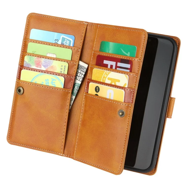 Para iPhone 14 6.1 polegadas Carteira Flip Phone Cover Split Leather Multiple Card Slots Magnetic Closure Stand Cover with Hand Strap - Marrom