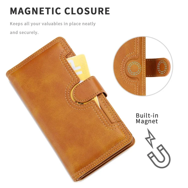 Para iPhone 14 6.1 polegadas Carteira Flip Phone Cover Split Leather Multiple Card Slots Magnetic Closure Stand Cover with Hand Strap - Marrom