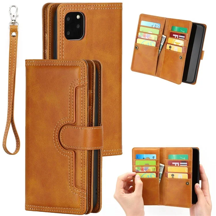 Para iPhone 14 6.1 polegadas Carteira Flip Phone Cover Split Leather Multiple Card Slots Magnetic Closure Stand Cover with Hand Strap - Marrom