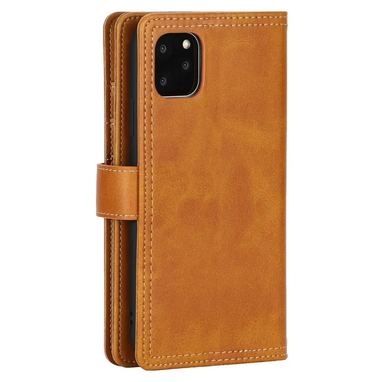 Para iPhone 14 6.1 polegadas Carteira Flip Phone Cover Split Leather Multiple Card Slots Magnetic Closure Stand Cover with Hand Strap - Marrom