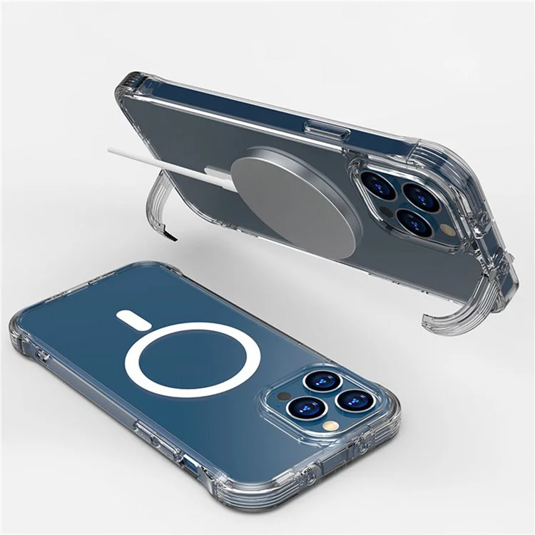 For iPhone 13 Pro Max 6.7 inch PC + TPU Shockproof Transparent Phone Case Wireless Charging Kickstand Cover