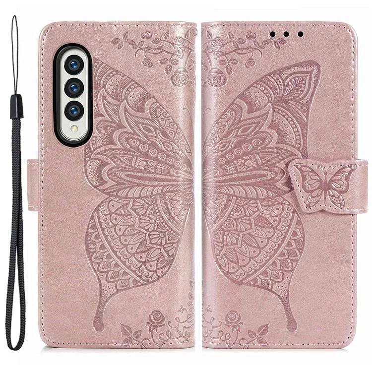 Per Samsung Galaxy Z Fold4 5G Drop-proof Flip Cover PU Leather Book Wallet Case Imprinted Butterfly Pattern Stand Magnetic Clasp Phone Shell with Wrist Strap - Rose Gold