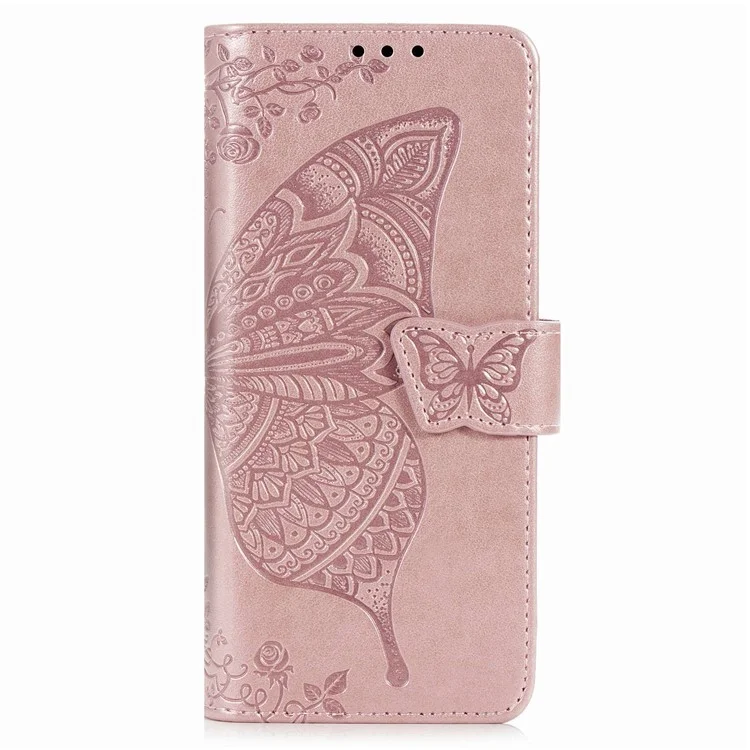 Per Samsung Galaxy Z Fold4 5G Drop-proof Flip Cover PU Leather Book Wallet Case Imprinted Butterfly Pattern Stand Magnetic Clasp Phone Shell with Wrist Strap - Rose Gold