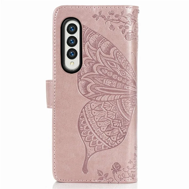 Per Samsung Galaxy Z Fold4 5G Drop-proof Flip Cover PU Leather Book Wallet Case Imprinted Butterfly Pattern Stand Magnetic Clasp Phone Shell with Wrist Strap - Rose Gold