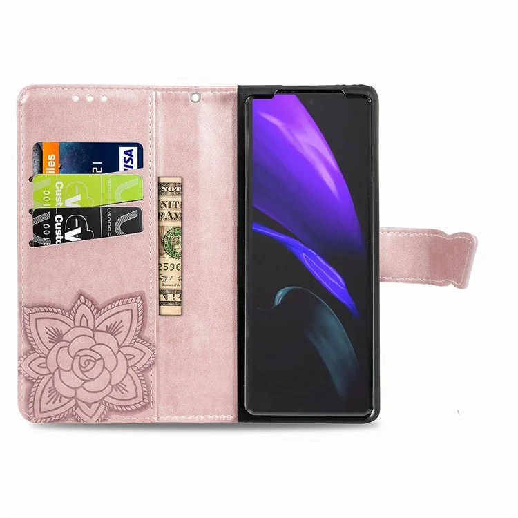 Per Samsung Galaxy Z Fold4 5G Drop-proof Flip Cover PU Leather Book Wallet Case Imprinted Butterfly Pattern Stand Magnetic Clasp Phone Shell with Wrist Strap - Rose Gold