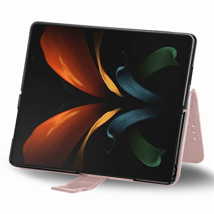 Per Samsung Galaxy Z Fold4 5G Drop-proof Flip Cover PU Leather Book Wallet Case Imprinted Butterfly Pattern Stand Magnetic Clasp Phone Shell with Wrist Strap - Rose Gold