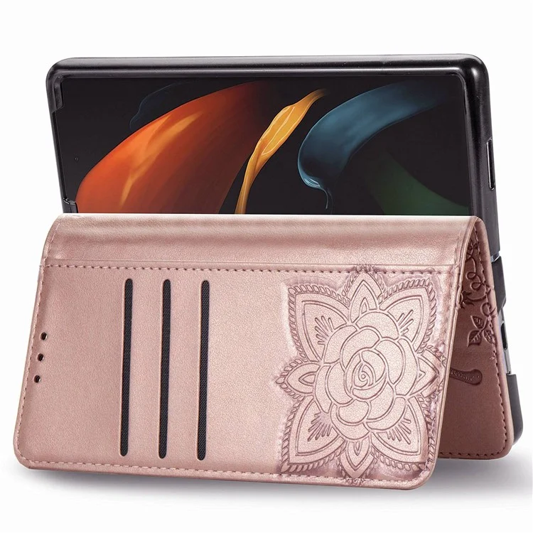 Per Samsung Galaxy Z Fold4 5G Drop-proof Flip Cover PU Leather Book Wallet Case Imprinted Butterfly Pattern Stand Magnetic Clasp Phone Shell with Wrist Strap - Rose Gold
