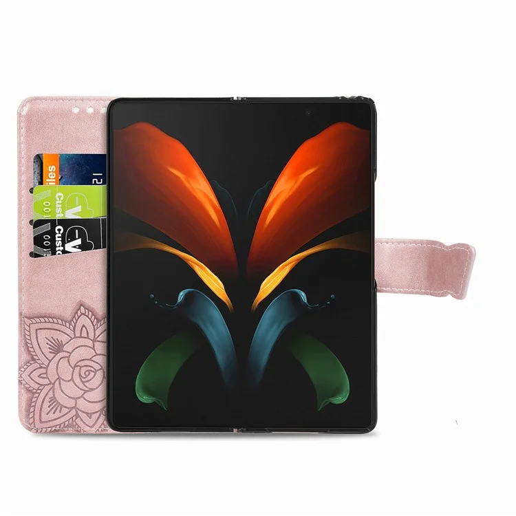 Per Samsung Galaxy Z Fold4 5G Drop-proof Flip Cover PU Leather Book Wallet Case Imprinted Butterfly Pattern Stand Magnetic Clasp Phone Shell with Wrist Strap - Rose Gold