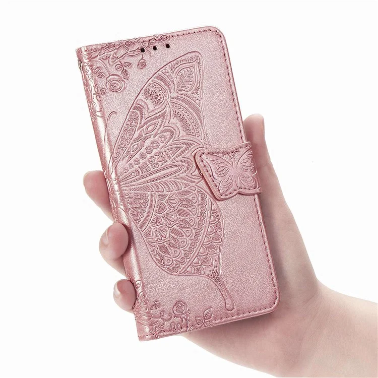 Per Samsung Galaxy Z Fold4 5G Drop-proof Flip Cover PU Leather Book Wallet Case Imprinted Butterfly Pattern Stand Magnetic Clasp Phone Shell with Wrist Strap - Rose Gold