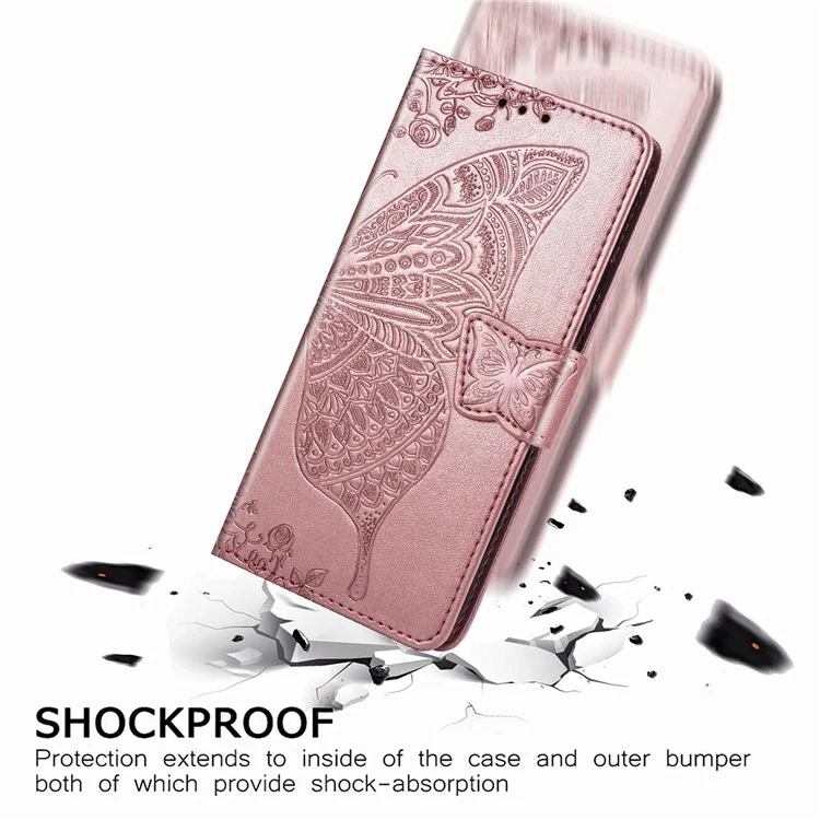 Per Samsung Galaxy Z Fold4 5G Drop-proof Flip Cover PU Leather Book Wallet Case Imprinted Butterfly Pattern Stand Magnetic Clasp Phone Shell with Wrist Strap - Rose Gold
