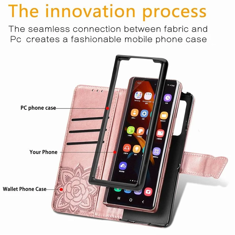 Per Samsung Galaxy Z Fold4 5G Drop-proof Flip Cover PU Leather Book Wallet Case Imprinted Butterfly Pattern Stand Magnetic Clasp Phone Shell with Wrist Strap - Rose Gold