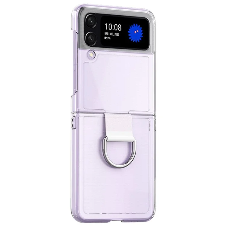 For Samsung Galaxy Z Flip4 5G Anti-scratch Phone Case with Ring Holder Clear PVC + PC + Metal Mobile Phone Back Cover