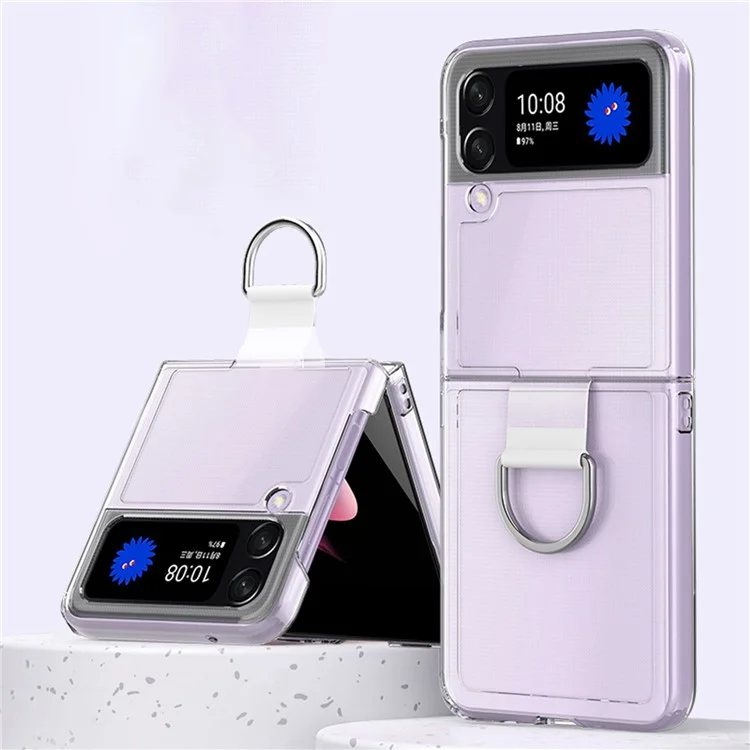 For Samsung Galaxy Z Flip4 5G Anti-scratch Phone Case with Ring Holder Clear PVC + PC + Metal Mobile Phone Back Cover