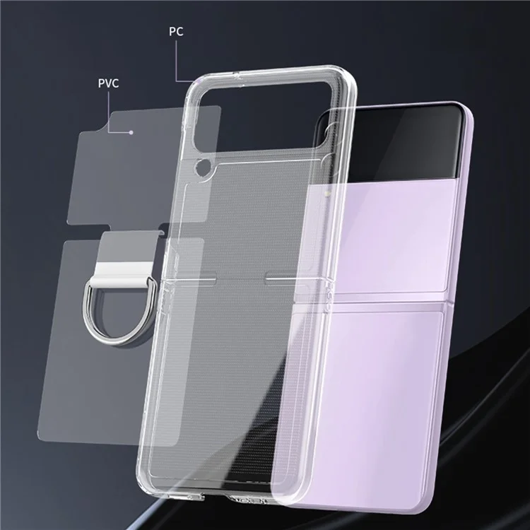 For Samsung Galaxy Z Flip4 5G Anti-scratch Phone Case with Ring Holder Clear PVC + PC + Metal Mobile Phone Back Cover