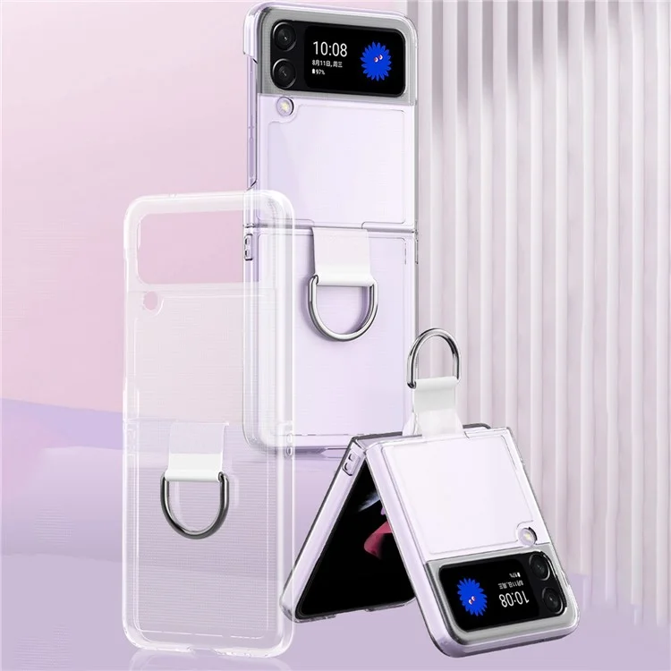 For Samsung Galaxy Z Flip4 5G Anti-scratch Phone Case with Ring Holder Clear PVC + PC + Metal Mobile Phone Back Cover