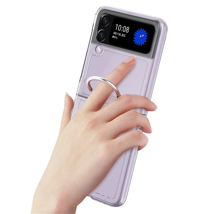 For Samsung Galaxy Z Flip4 5G Anti-scratch Phone Case with Ring Holder Clear PVC + PC + Metal Mobile Phone Back Cover