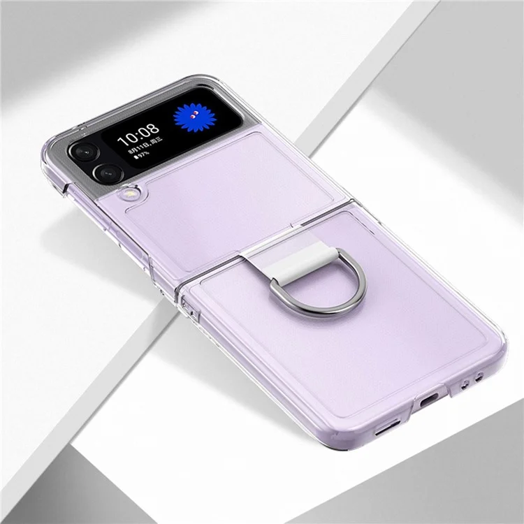 For Samsung Galaxy Z Flip4 5G Anti-scratch Phone Case with Ring Holder Clear PVC + PC + Metal Mobile Phone Back Cover