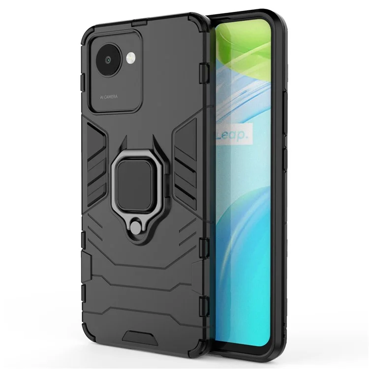 Para Realme C30 4G Anti-desgaste Anti-arañazos Anillo Soporte Teléfono Caso Suave TPU Duro PC Anti-deslizante Resistente Cubierta Trasera - Negro