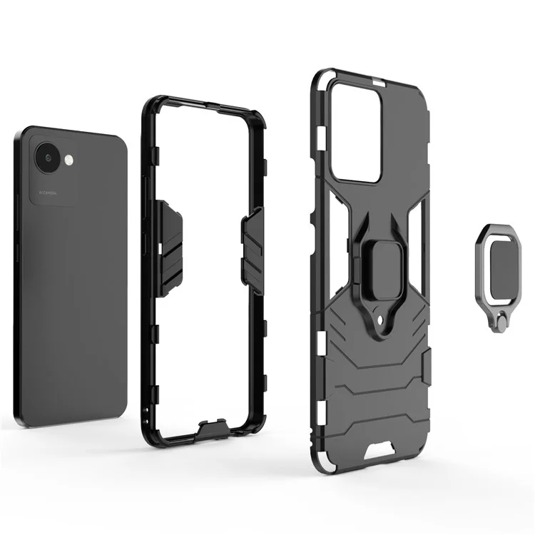 For Realme C30 4G Anti-wear Anti-scratch Ring Kickstand Phone Case Soft TPU Hard PC Anti-slip Rugged Back Cover - Black