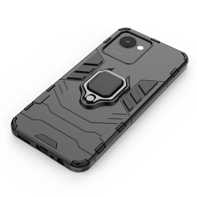 For Realme C30 4G Anti-wear Anti-scratch Ring Kickstand Phone Case Soft TPU Hard PC Anti-slip Rugged Back Cover - Black