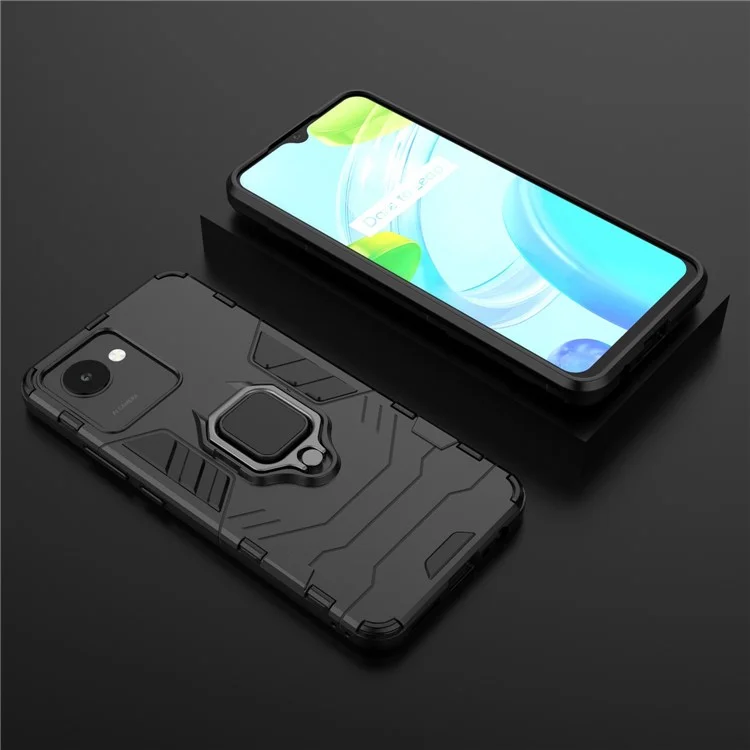 For Realme C30 4G Anti-wear Anti-scratch Ring Kickstand Phone Case Soft TPU Hard PC Anti-slip Rugged Back Cover - Black