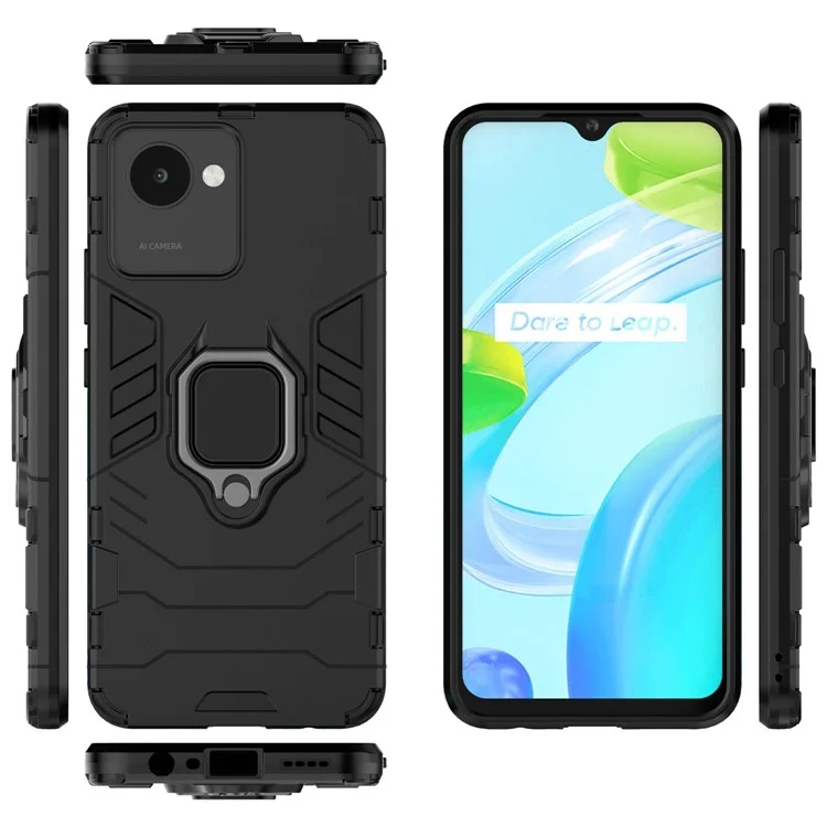 For Realme C30 4G Anti-wear Anti-scratch Ring Kickstand Phone Case Soft TPU Hard PC Anti-slip Rugged Back Cover - Black