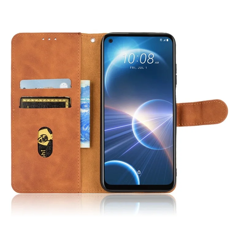 For HTC Desire 22 Pro 5G Drop-Proof PU Leather Folio Flip Case Skin-Touch Feeling Stand Wallet Phone Cover - Brown