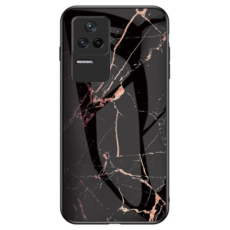 Para Xiaomi Poco F4 5G / Redmi K40S 5G Marble Pattern Back Cover Tempered Glass + PC + TPU Hybrid Well-protected Cell Phone Case - Gold Black Marble