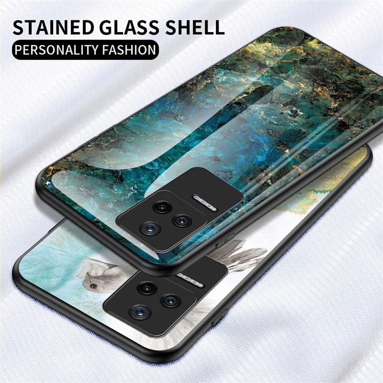 For Xiaomi Poco F4 5G / Redmi K40S 5G Marble Pattern Back Cover Tempered Glass + PC + TPU Hybrid Well-protected Cell Phone Case - Emerald Marble