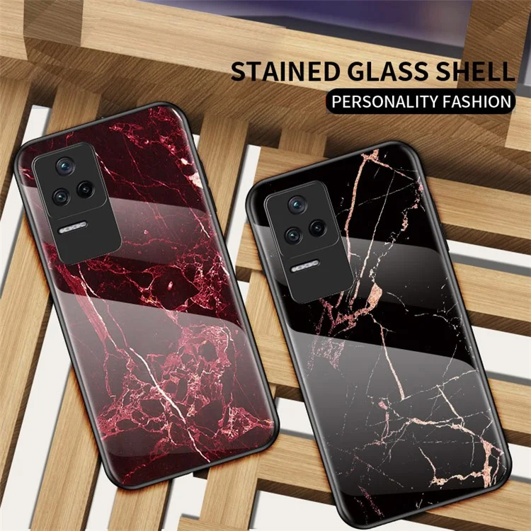 For Xiaomi Poco F4 5G / Redmi K40S 5G Marble Pattern Back Cover Tempered Glass + PC + TPU Hybrid Well-protected Cell Phone Case - Emerald Marble