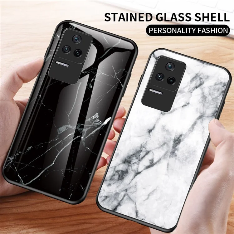For Xiaomi Poco F4 5G / Redmi K40S 5G Marble Pattern Back Cover Tempered Glass + PC + TPU Hybrid Well-protected Cell Phone Case - Emerald Marble