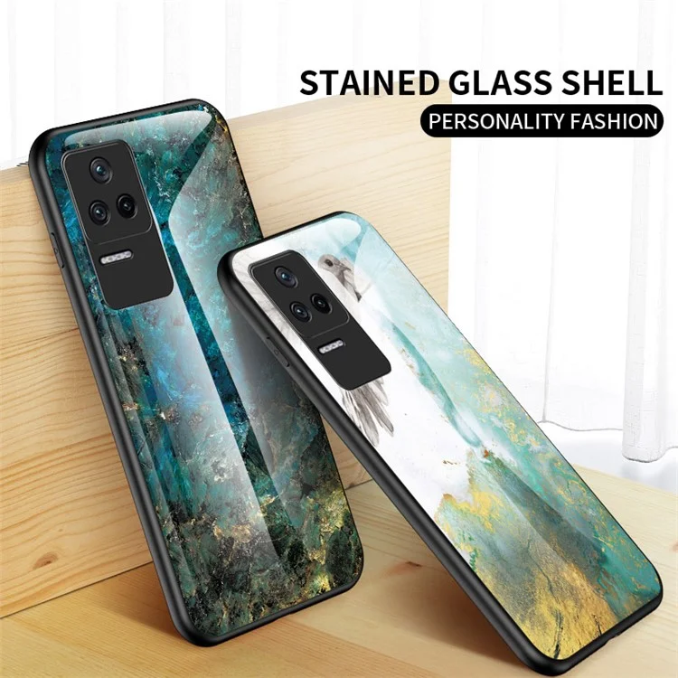 For Xiaomi Poco F4 5G / Redmi K40S 5G Marble Pattern Back Cover Tempered Glass + PC + TPU Hybrid Well-protected Cell Phone Case - Emerald Marble