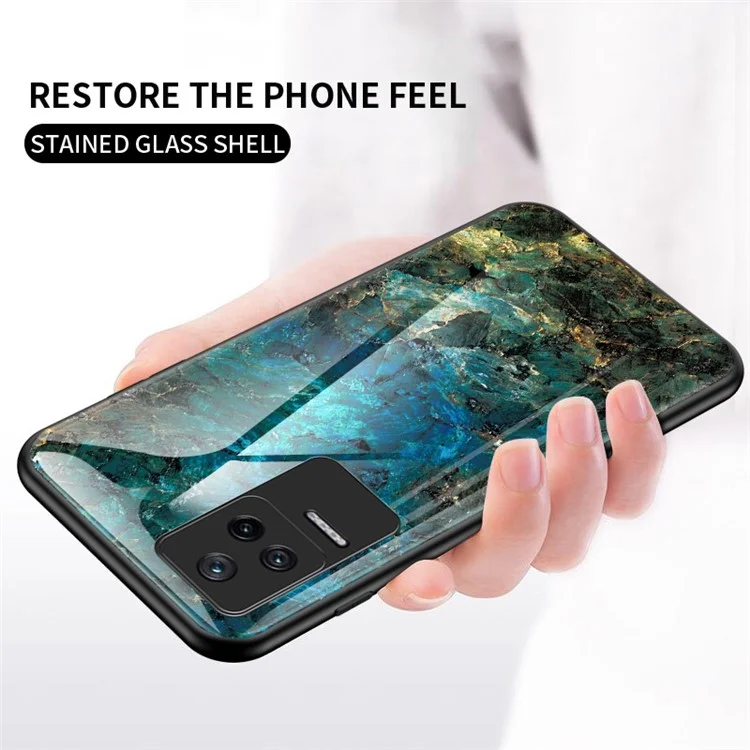 For Xiaomi Poco F4 5G / Redmi K40S 5G Marble Pattern Back Cover Tempered Glass + PC + TPU Hybrid Well-protected Cell Phone Case - Emerald Marble