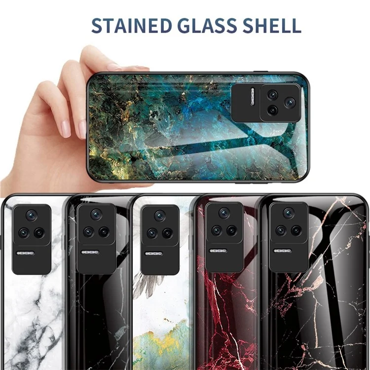 For Xiaomi Poco F4 5G / Redmi K40S 5G Marble Pattern Back Cover Tempered Glass + PC + TPU Hybrid Well-protected Cell Phone Case - Emerald Marble