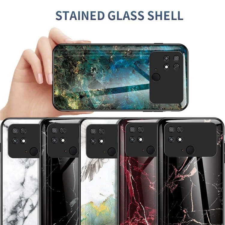 For Xiaomi Poco C40 4G Marble Pattern Scratch-resistant Back Cover Tempered Glass + PC + TPU Hybrid Anti-fall Mobile Phone Case - White Marble