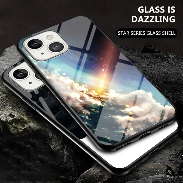 Starry Sky Pattern Design Phone Case for iPhone 14 Plus 6.7 inch, Impact Resistant TPU Bumper Tempered Glass PC Back Cover - Bright Starry Sky